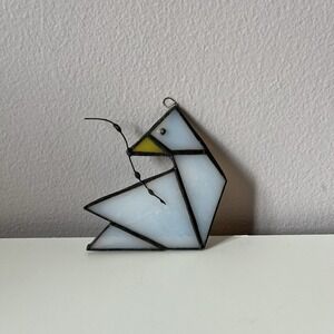 Vintage STAINED GLASS Hanging White Bird Sun Catcher 3.5"x3.5" Whimsical Origami